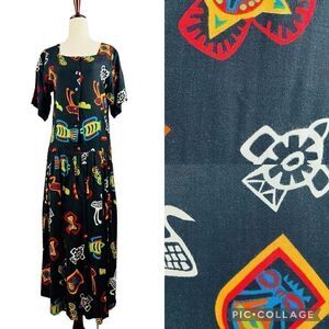 Vintage 90s Passports Colorful Totem Print Drop Waist Short Sleeve Maxi Dress